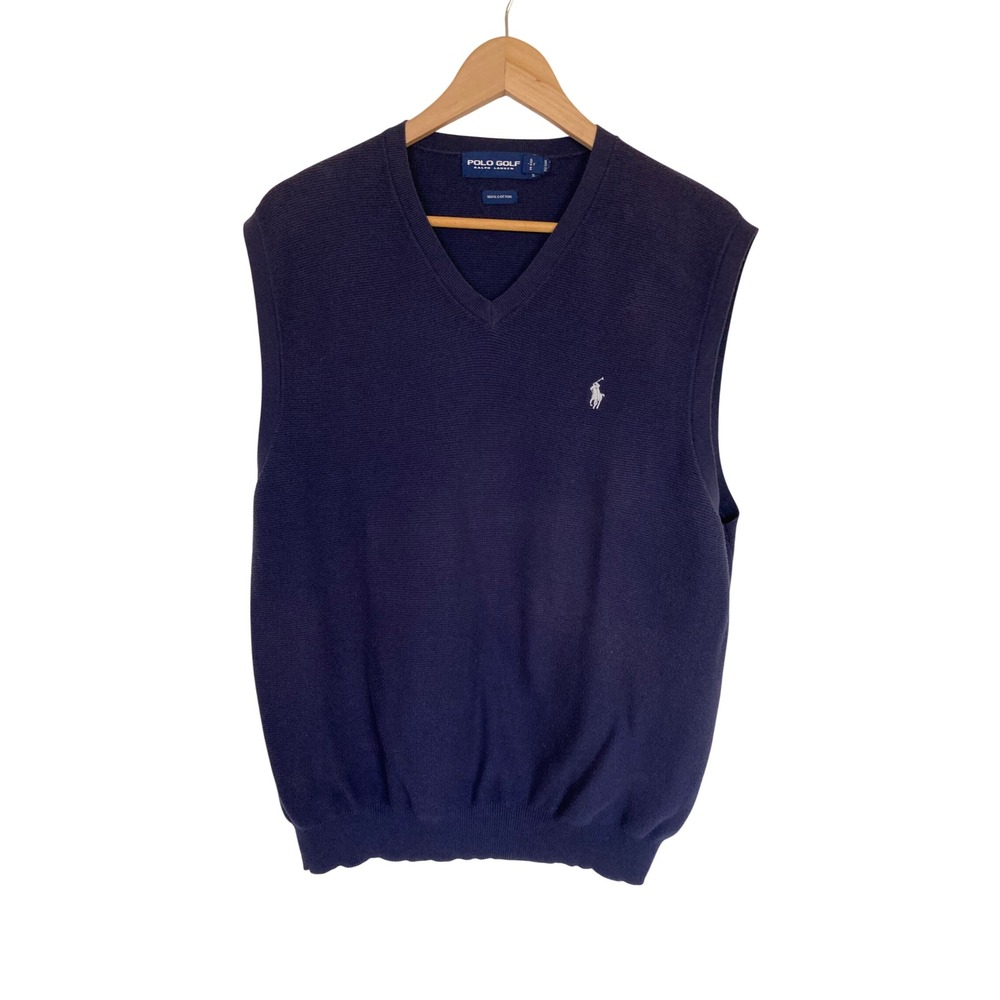 Polo Golf Ralph Lauren Navy Blue V-Neck Cotton Sweater Vest Italian Yarn XL